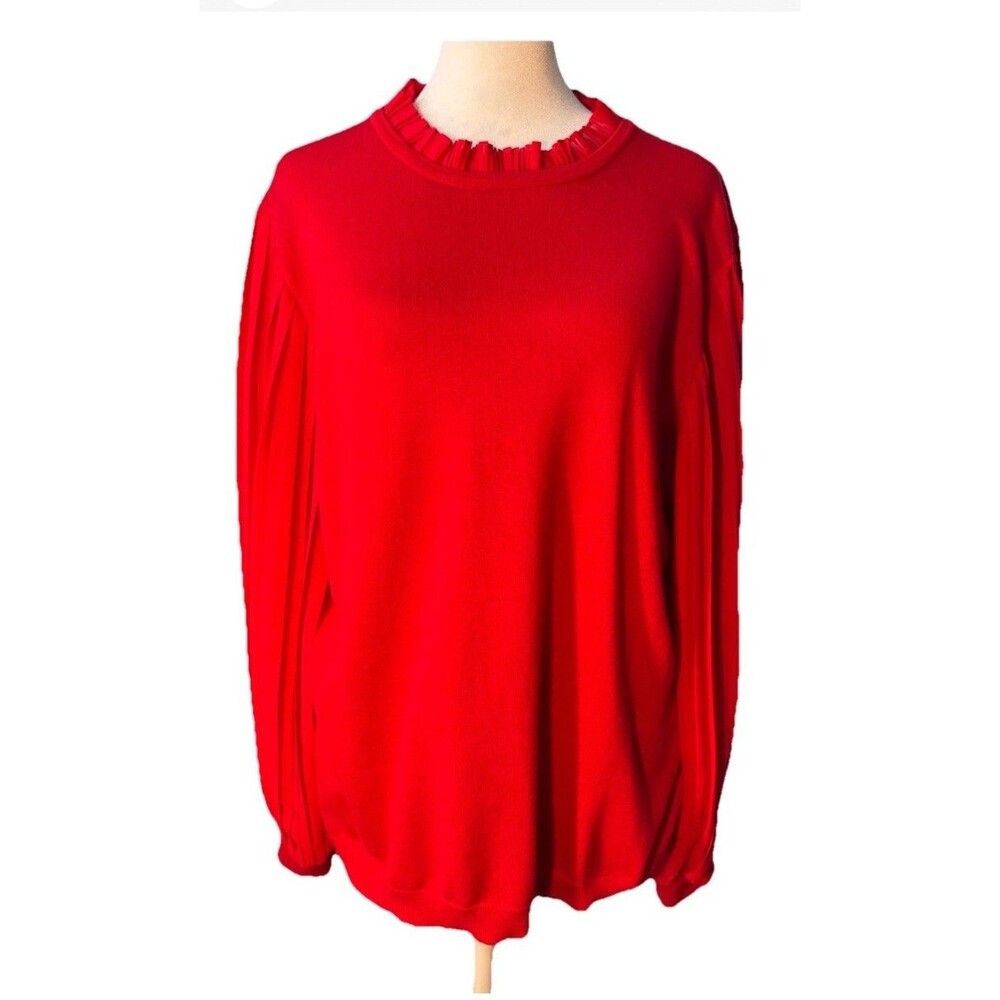 Adrianna Papell Crimson Red Pleated Sleeve Knit Sweater XL Classic Beauty